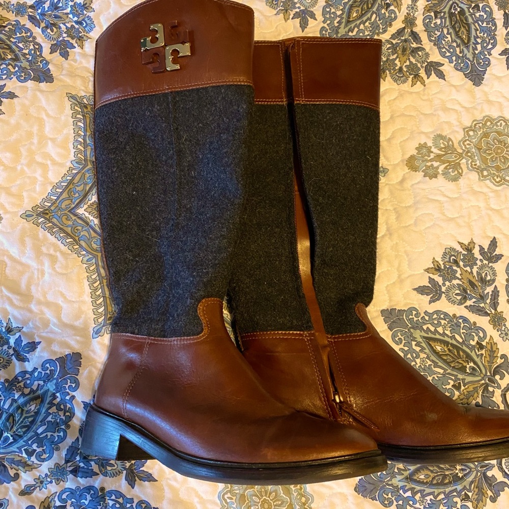 Tory Burch Riding Boots Brown leather/Grey wool